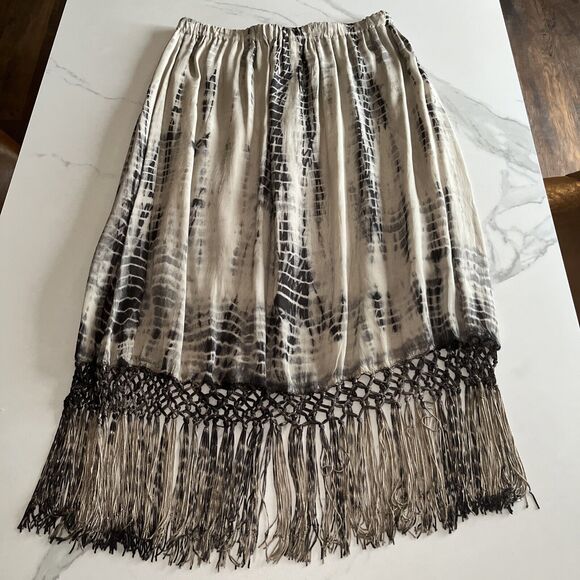 Womens CHICOS 1 Brown Black and Beige Tie Dye Fringed Skirt Pull On Sz Small NWT - Picture 8 of 9